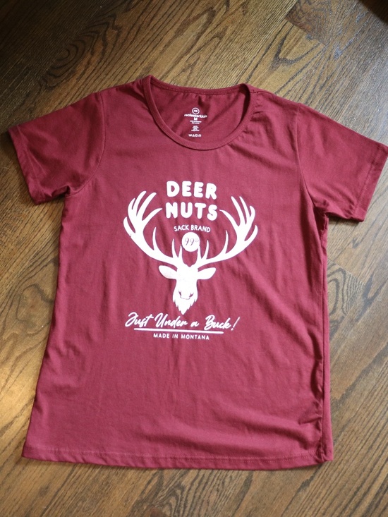 Real Essentials Tops - Woman's Deer Nuts Snack Brand Funny T-Shirt Maroon/Burgundy White Size Medium